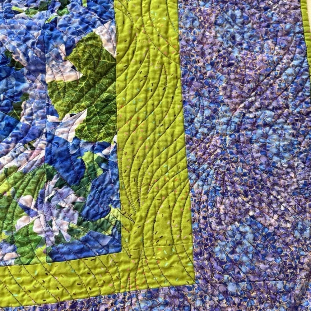 Handmade Floral Lap Quilt Blue Purple Green Throw Quilt 59x69 Hydrangea Quilted